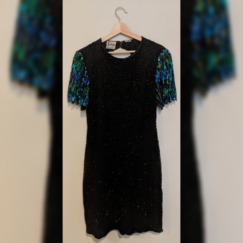 Vintage Peacock Sleeve Sequin Party Dress